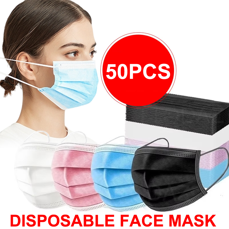 50Pcs Unisex 3-layer Mask Face - Disposable Mask Blue review and price